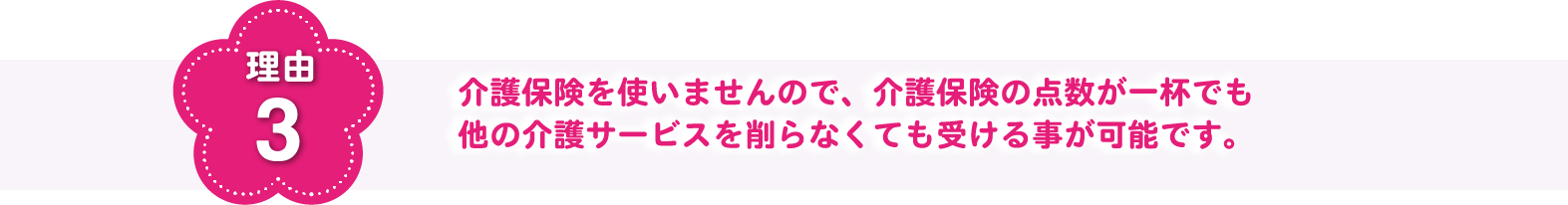 理由3 介護保険を使いませんので、介護保険の点数が一杯でも他の介護サービスを削らなくても受ける事が可能です。